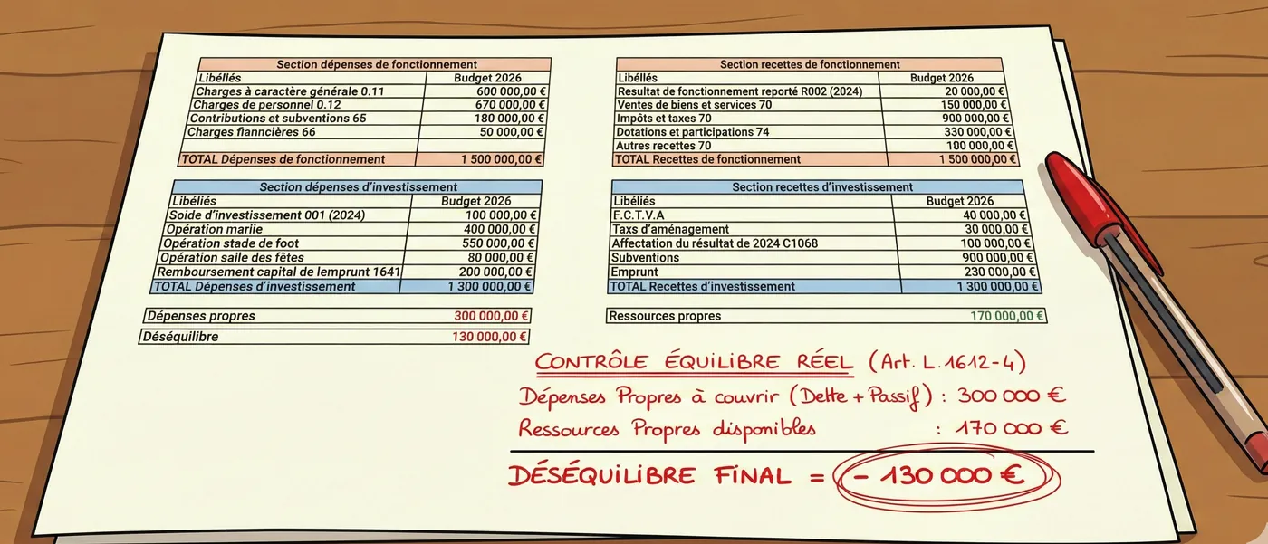 Exemple de budget 2026 annoté : 300 000 € de dépenses propres à couvrir (dette et passif) pour 170 000 € de ressources propres disponibles, soit un déséquilibre réel final de 130 000 € au sens de l’article L. 1612-4 du CGCT.