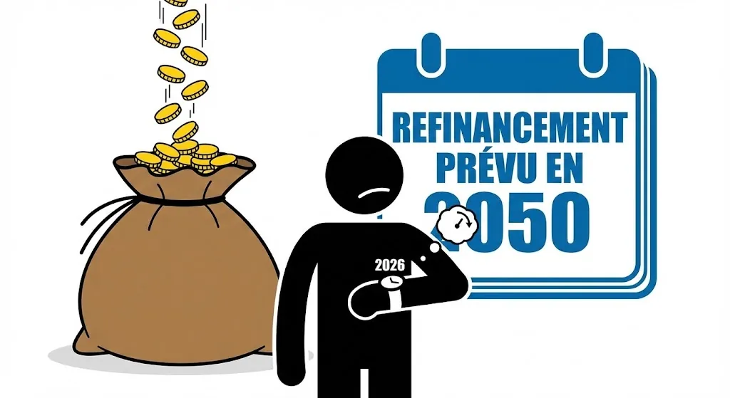 Dessin : un élu regarde sa montre, en 2026, devant un calendrier annonçant « Refinancement prévu en 2050 ».
