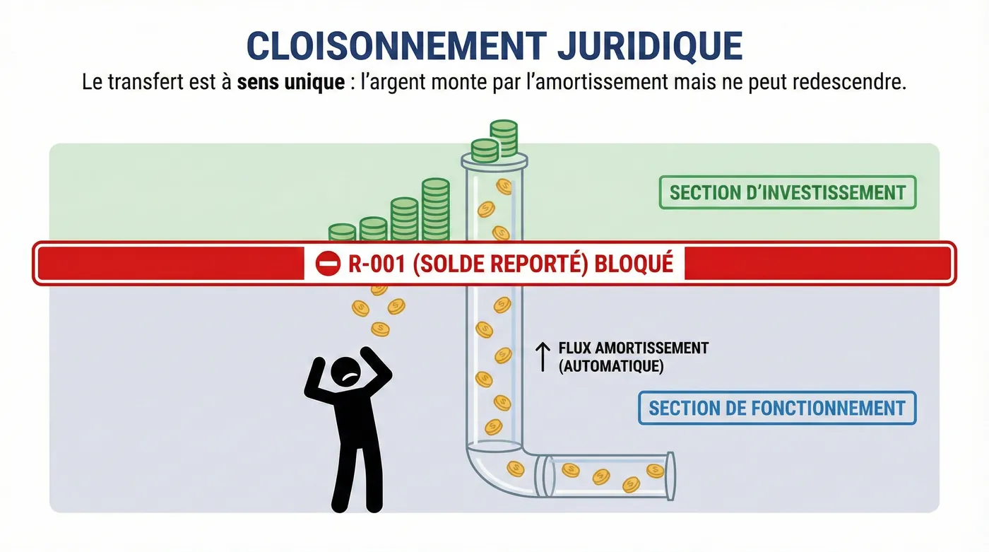 Schéma « Cloisonnement juridique » : l’argent monte du fonctionnement vers l’investissement par l’amortissement, mais le solde reporté R-001 reste bloqué et ne peut pas redescendre.