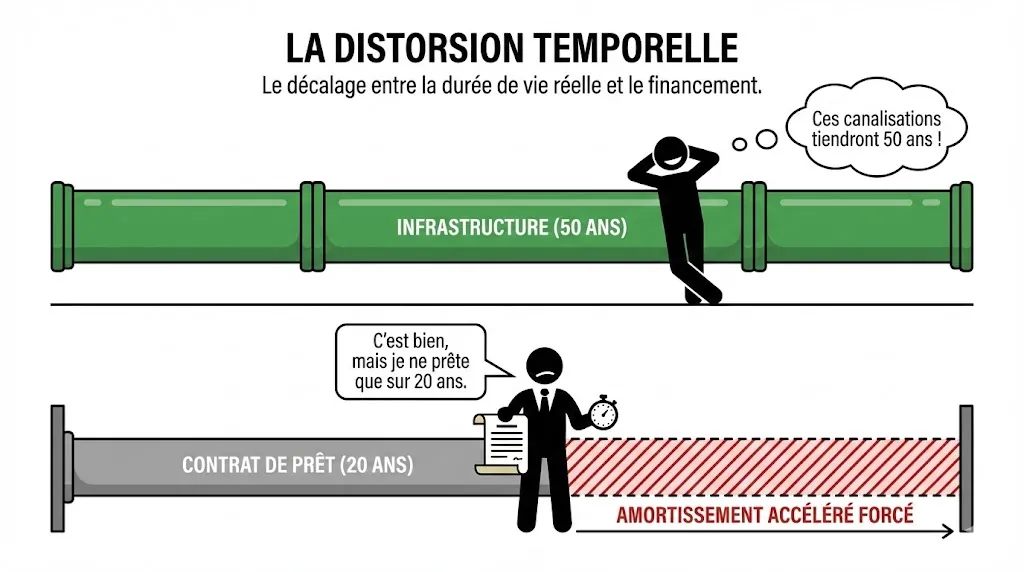 Schéma « La distorsion temporelle » : une infrastructure prévue pour 50 ans financée par un prêt sur 20 ans, d’où un amortissement accéléré forcé.