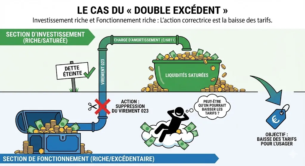 Schéma « Le cas du double excédent » : investissement et fonctionnement sont excédentaires et la dette est éteinte ; l’action correctrice consiste à supprimer le virement 023 pour baisser les tarifs de l’usager.