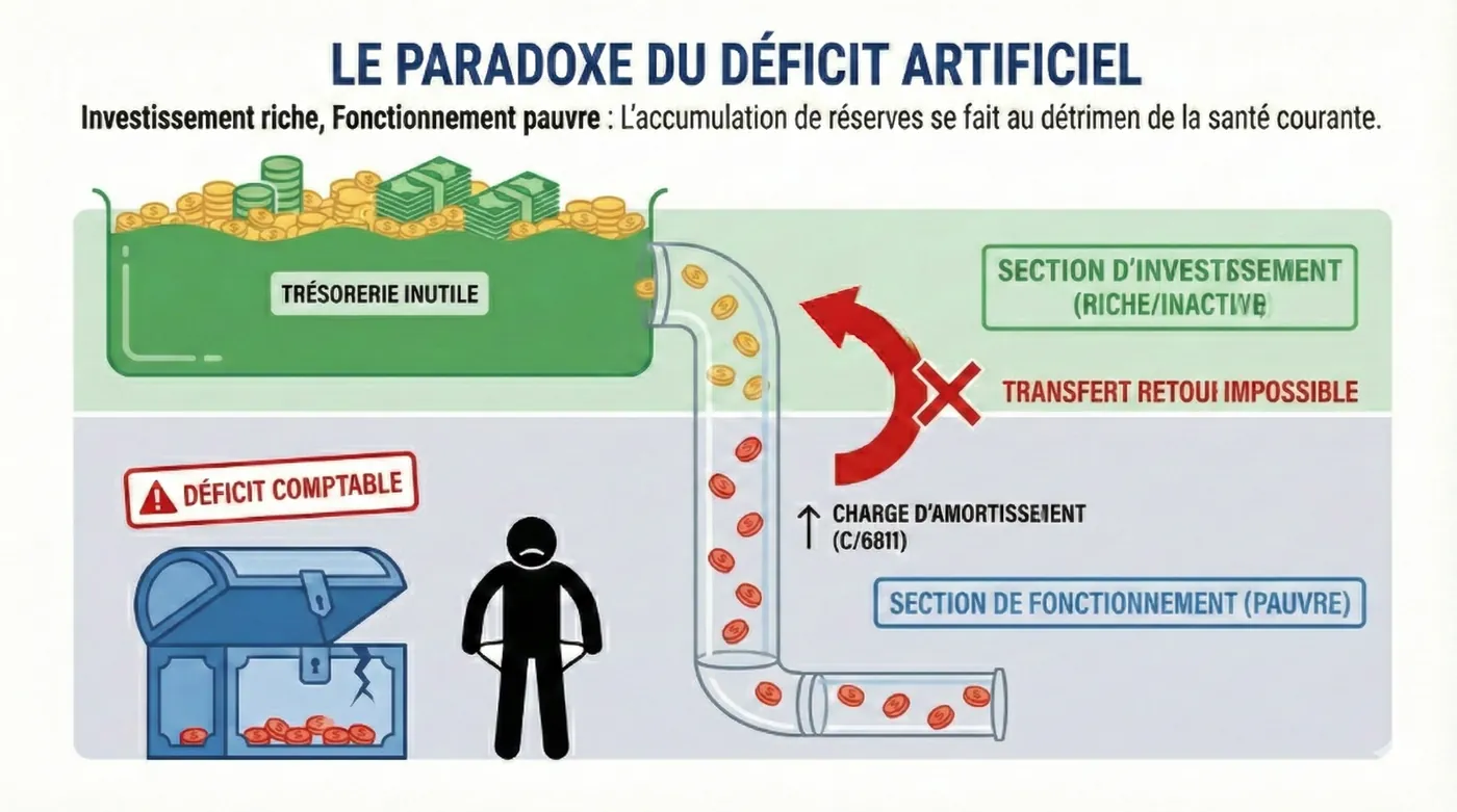 Schéma « Le paradoxe du déficit artificiel » : la section d’investissement accumule une trésorerie inutile, alimentée par la charge d’amortissement (c/6811), tandis que la section de fonctionnement, appauvrie, passe en déficit comptable ; le transfert retour est impossible.