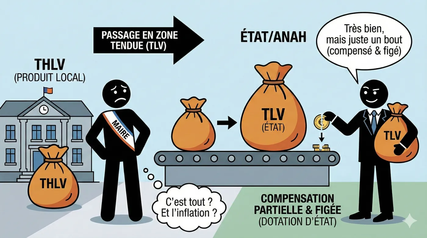 Dessin : au passage en zone tendue, la THLV communale est remplacée par la TLV d’État ; la commune ne reçoit qu’une compensation partielle et figée, sous forme de dotation.