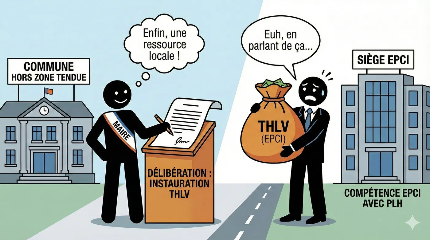 Dessin : une commune hors zone tendue délibère pour instaurer la THLV, pendant que l’EPCI compétent en matière de PLH revendique la même ressource.