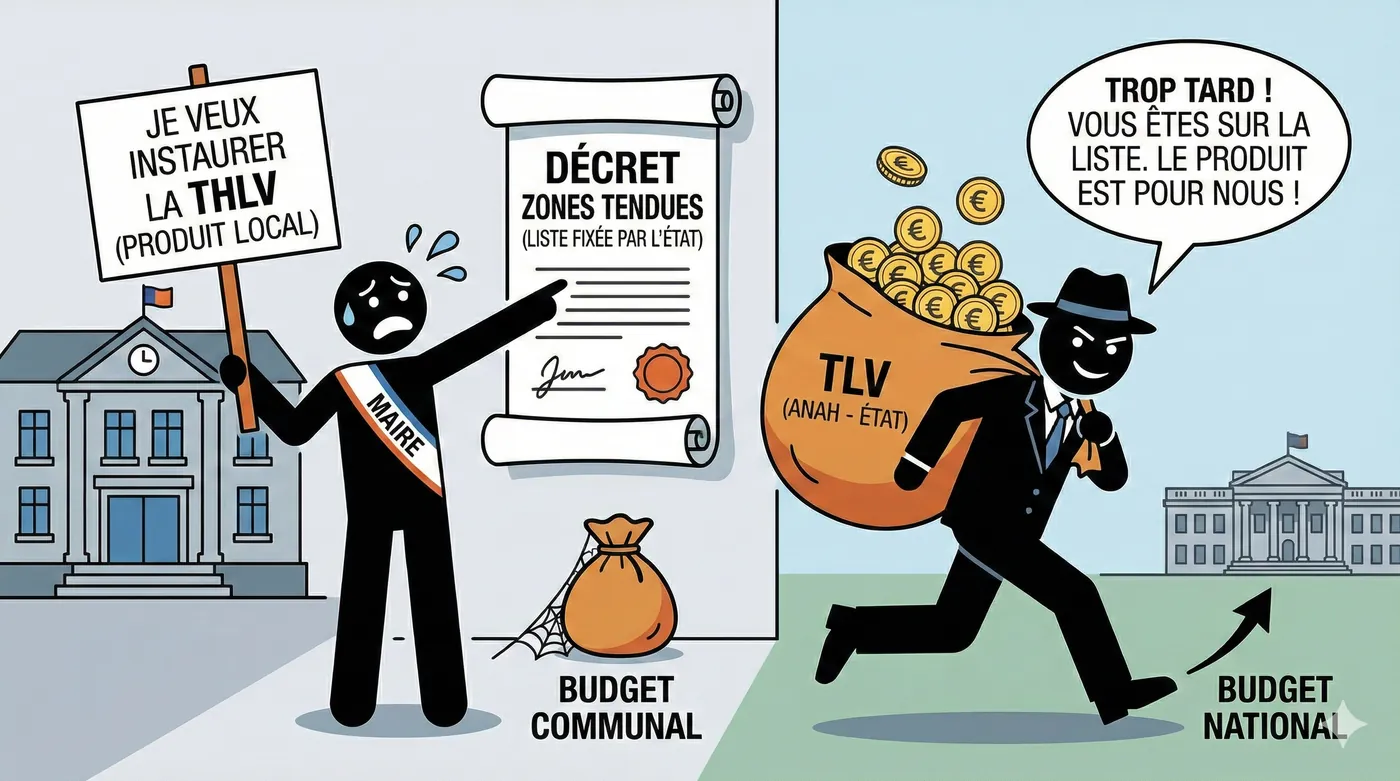 Dessin : un maire veut instaurer la THLV, mais le décret zones tendues fait basculer sa commune sous la TLV, dont le produit part à l’ANAH et au budget national.