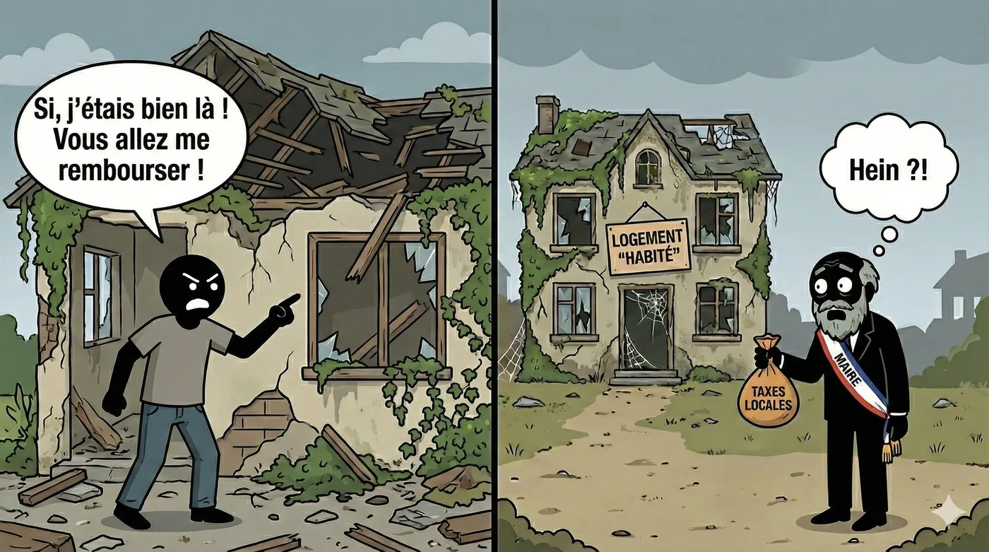 Dessin : un propriétaire conteste la vacance de son logement et réclame le remboursement de la taxe, à la charge de la commune.