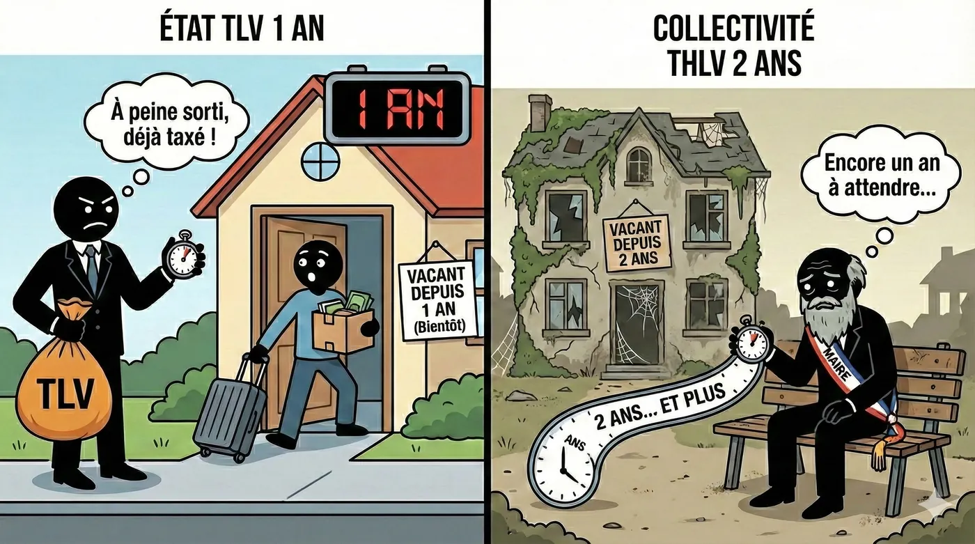 Dessin : l’État taxe un logement vacant depuis un an au titre de la TLV, quand la collectivité doit attendre deux ans de vacance pour la THLV.