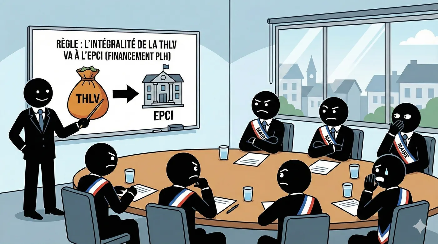 Dessin : en réunion communautaire, la règle est affichée : l’intégralité de la THLV va à l’EPCI pour financer le PLH.