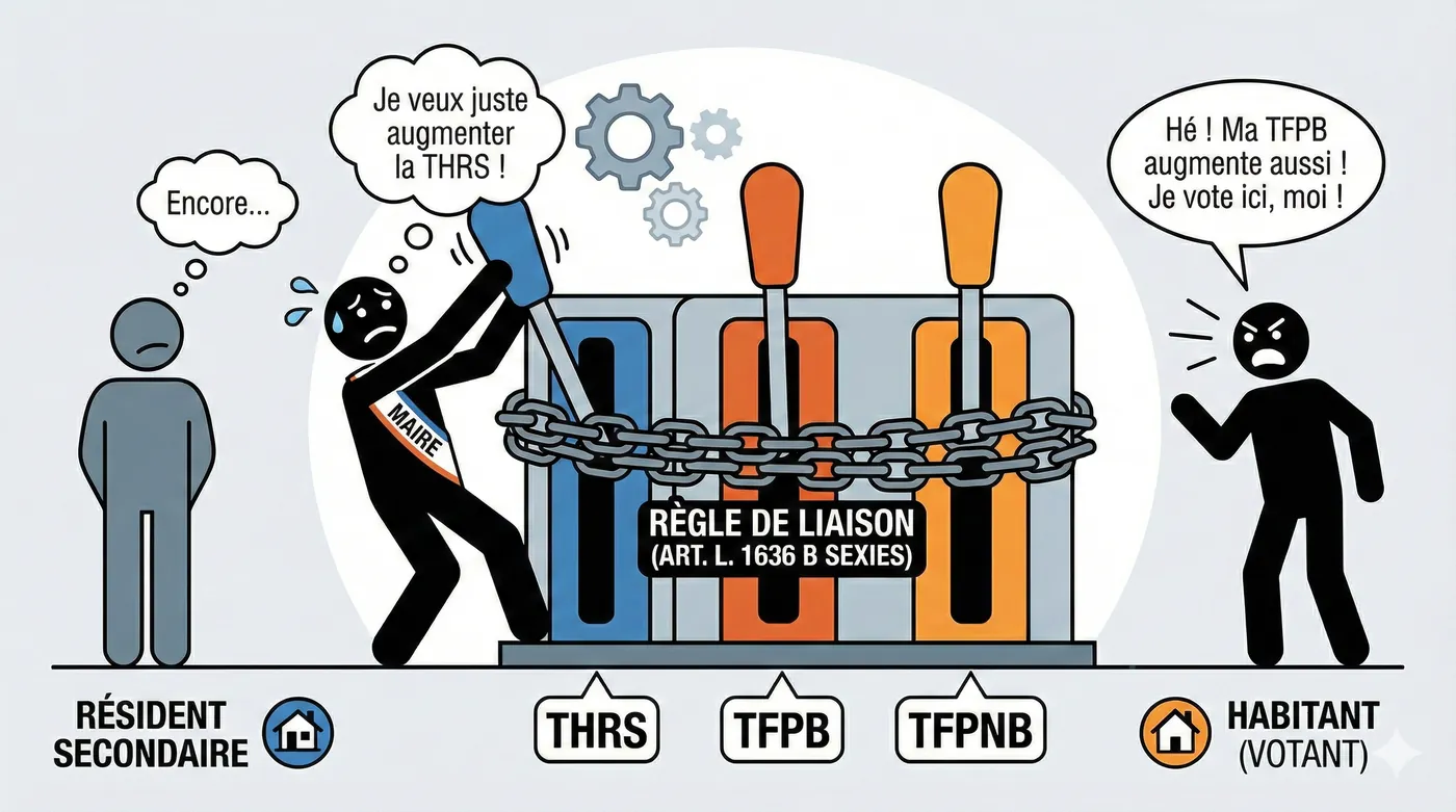 Dessin : le maire veut augmenter seul la THRS, mais la règle de liaison des taux (art. 1636 B sexies du CGI) enchaîne THRS, TFPB et TFPNB ; l’habitant voit aussi sa taxe foncière augmenter.