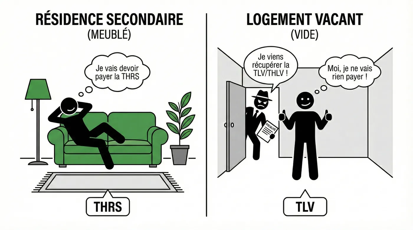 Dessin comparant la résidence secondaire meublée, soumise à la THRS, et le logement vacant vide, visé par la TLV ou la THLV.