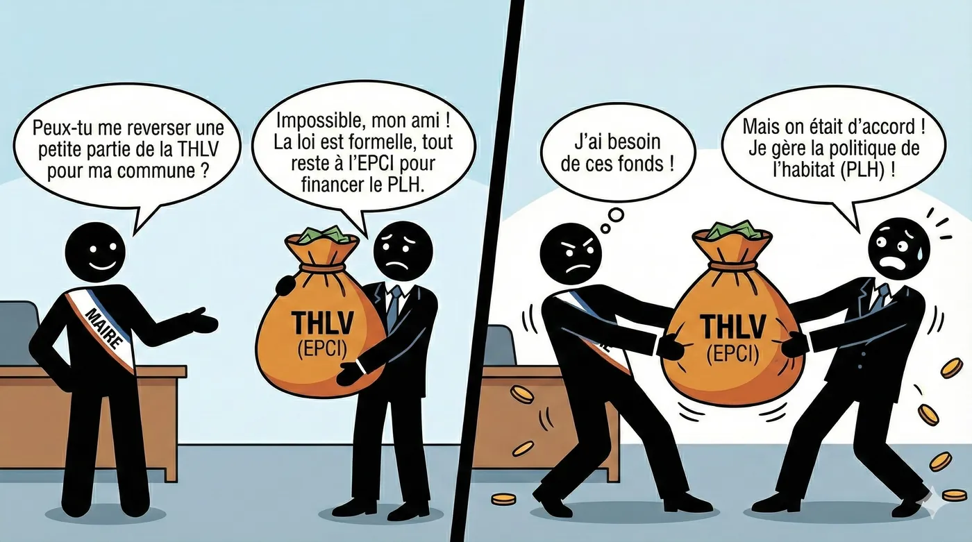 Dessin en deux temps : un maire demande à l’EPCI de lui reverser une partie de la THLV, ce que la loi interdit, puis les deux se disputent le produit.